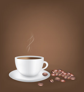 White coffee cup with coffee beans dark background, vector