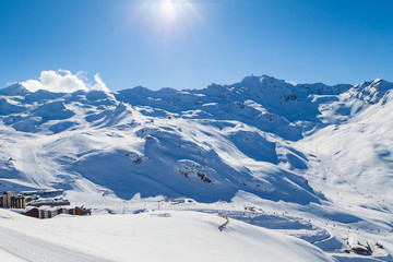 View to ski resort Val Thorens from ski piste, Three Valleys