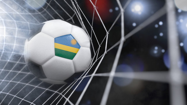 Realistic soccer ball in the net with the flag of Rwanda.(series)