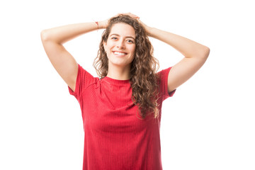 Fototapeta premium Woman looking relaxed on white background