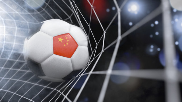 Realistic soccer ball in the net with the flag of China.(series)