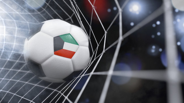 Realistic soccer ball in the net with the flag of Kuwait.(series)