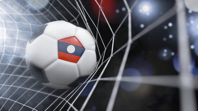 Realistic soccer ball in the net with the flag of Laos.(series)
