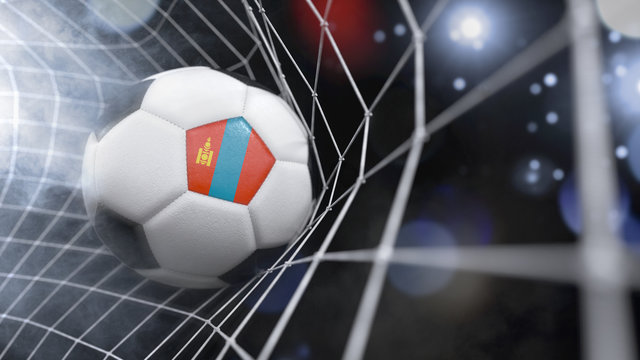 Realistic soccer ball in the net with the flag of Mongolia.(series)