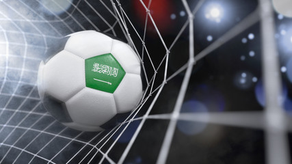Realistic soccer ball in the net with the flag of Saudi Arabia.(series)