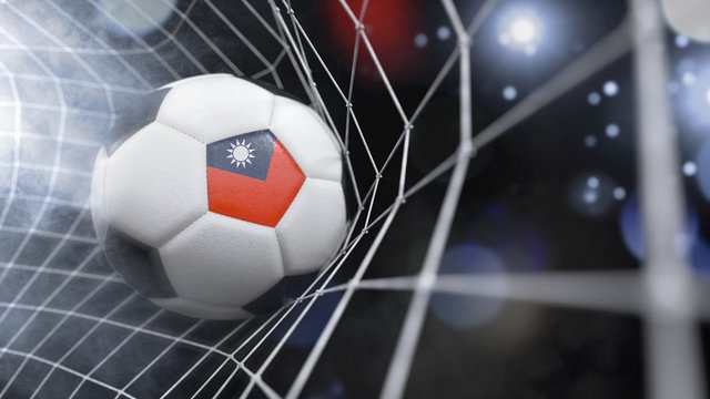 Realistic soccer ball in the net with the flag of Taiwan.(series)