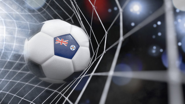 Realistic soccer ball in the net with the flag of Queensland.(series)