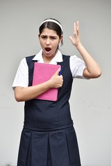 Anxious Catholic Colombian Girl Student Wearing School Uniform