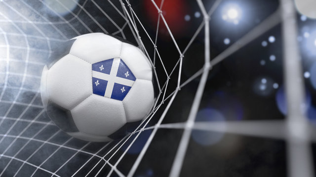 Realistic soccer ball in the net with the flag of Quebec.(series)