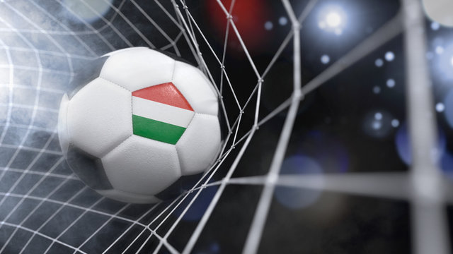 Realistic soccer ball in the net with the flag of Hungary.(series)