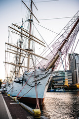 old sailing ship, frigate at anchor in the port