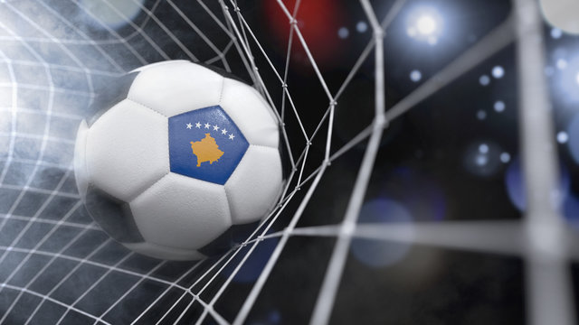 Realistic soccer ball in the net with the flag of Kosovo.(series)