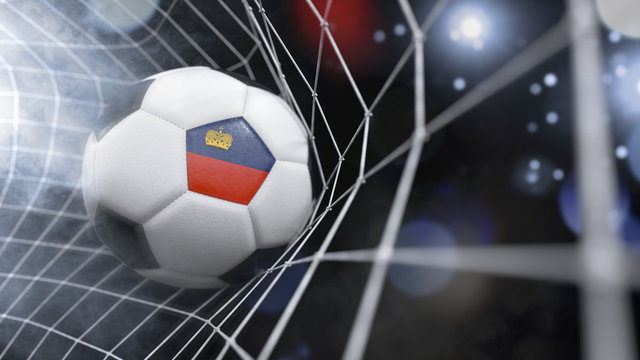 Realistic soccer ball in the net with the flag of Lichtenstein.(series)