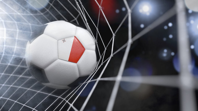 Realistic soccer ball in the net with the flag of Malta.(series)