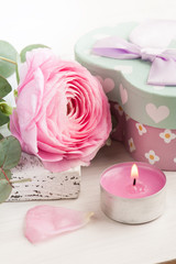 Obraz na płótnie Canvas Pink buttercup flower with gift box