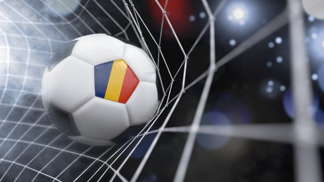 Realistic soccer ball in the net with the flag of Romania.(series)