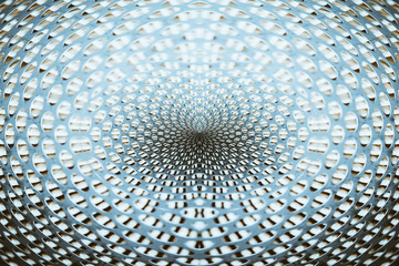 Spherical warp of space. Fantastic background image of wormhole of metallic and blue color in...