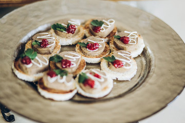 delicious canape with paste on plate on table at wedding reception. luxury catering at celebrations