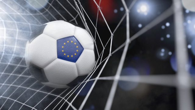 Realistic soccer ball in the net with the flag of Europe.(series)