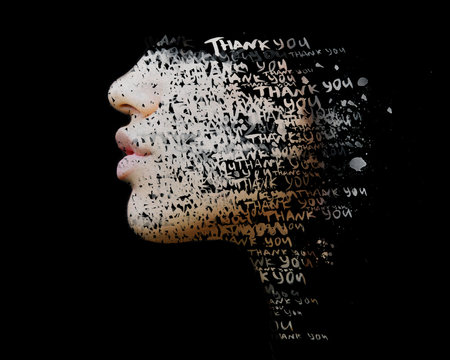 Paintography. Double exposure of hand drawn painting combined with a close up profile portrait with THANK YOU words embedded