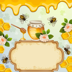 Beautiful background with bees,honey,jar, flowers and honeycomb