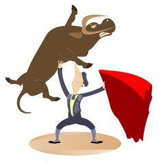 Cartoon bullfighter and the bull illustration. Cartoon bullfighter lifts an angry bull above the head by the hand and holds a cloak of the matador in the other illustration
