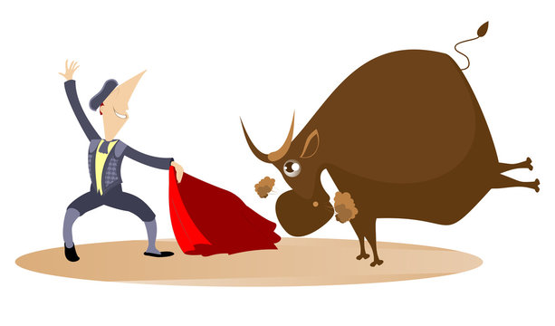 Cartoon bullfighter and the bull illustration. Brave cartoon bullfighter with a cloak of the matador and angry bull illustration
