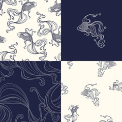 Set seamless backgrounds. Gold fish. Hand drawing. Vector illustration.