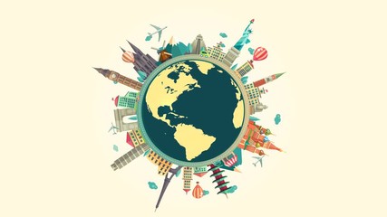 Famous landmarks on globe animation