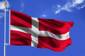 The silk waving flag of Denmark with a flagpole on a blue sky background with clouds .3D illustration.