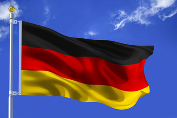 The silk waving flag of Germany with a flagpole on a blue sky background with clouds .3D illustration.