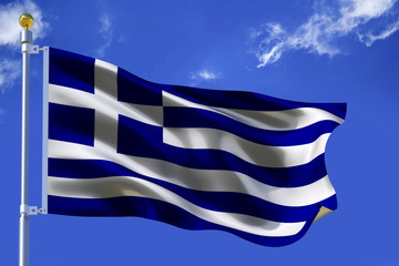 The silk waving flag of Greece with a flagpole on a blue sky background with clouds .3D illustration.
