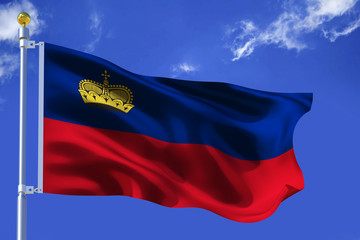 The silk waving flag of Liechtenstein with a flagpole on a blue sky background with clouds .3D illustration.