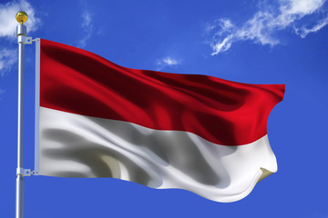 The silk waving flag of Monaco with a flagpole on a blue sky background with clouds .3D illustration.