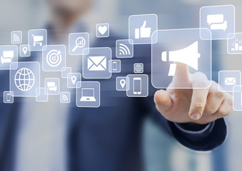 Digital marketing, businessman advertising campaign strategy, email, social, mobile, internet