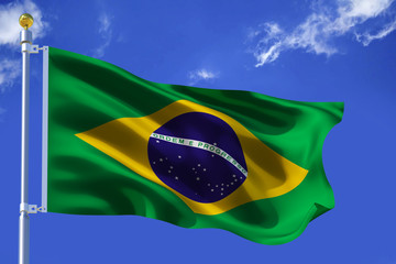 Silk Waving flag with flagpole of Brazil on background of blue sky with clouds .3d illustration.