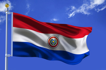 Silk Waving flag with flagpole of Paraguay on background of blue sky with clouds .3d illustration.