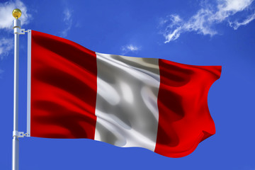 Silk Waving flag with flagpole of Peru on background of blue sky with clouds .3d illustration.