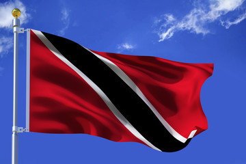 Silk Waving flag with flagpole of Trinidad and Tobago on background of blue sky with clouds .3d illustration.