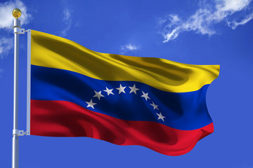 Silk Waving flag with flagpole of Venezuela  on background of blue sky with clouds .3d illustration.