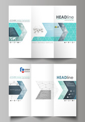 Tri-fold brochure business templates on both sides. Abstract vector layout in flat design. Chemistry pattern, hexagonal molecule structure on blue. Medicine, science and technology concept.