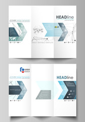 Tri-fold brochure business templates on both sides. Abstract vector layout in flat design. Chemistry pattern, connecting lines and dots, molecule structure on white, geometric graphic background.