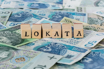 Word investment written on wooden blocks on polish money