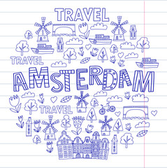 Obraz premium Vector pattern with Amsterdam city House, architecture, mill, tulip. Holland doodle icon