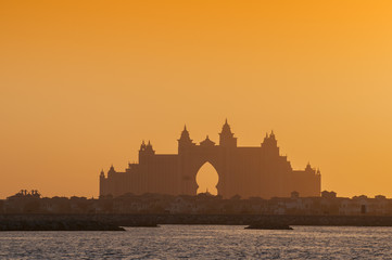 Fototapeta premium View on luxury hotel Atlantis at the sunset in Dubai, United Arab Emirates.