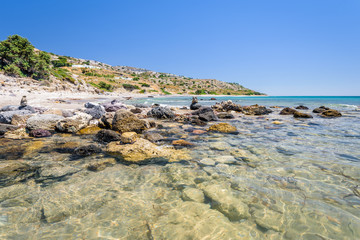 Relaxing at the greek mediterranean sea and feeling the smooth life of greece behind a green plant wall at a golden sandy robinson crusoe beach, Southcoast, Kos Island, Dodecanese, Greece