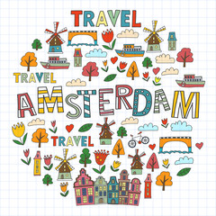 Vector pattern with Amsterdam city House, architecture, mill, tulip. Holland doodle icon