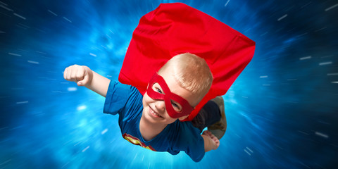  Boy in superhero costume guard the planet and show super abilities.