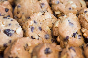 Fresh baked chocolate chip cookies closeup shot.,Homemade dessert.