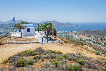 Beautiful white blue greek church monastery with amazing views to the sea situated in a small greek village Kantouni of Leros Island, Kos Island, Dodecanese, Greece